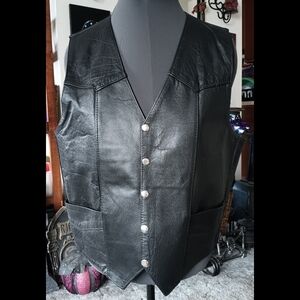 🖤🧡 Interstate Leather Mens Black Leather Vest L Large Biker Motorcyle Vintage